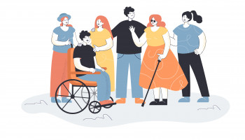 Men and women welcoming people with disabilities